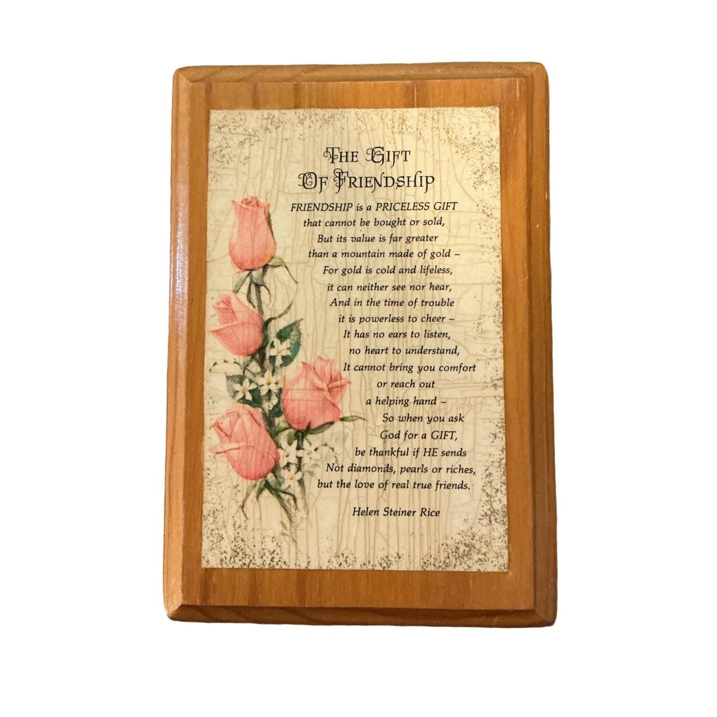 Wooden Friendship Plaque Helen Steiner Rice Poem Rose Art Gift Decor