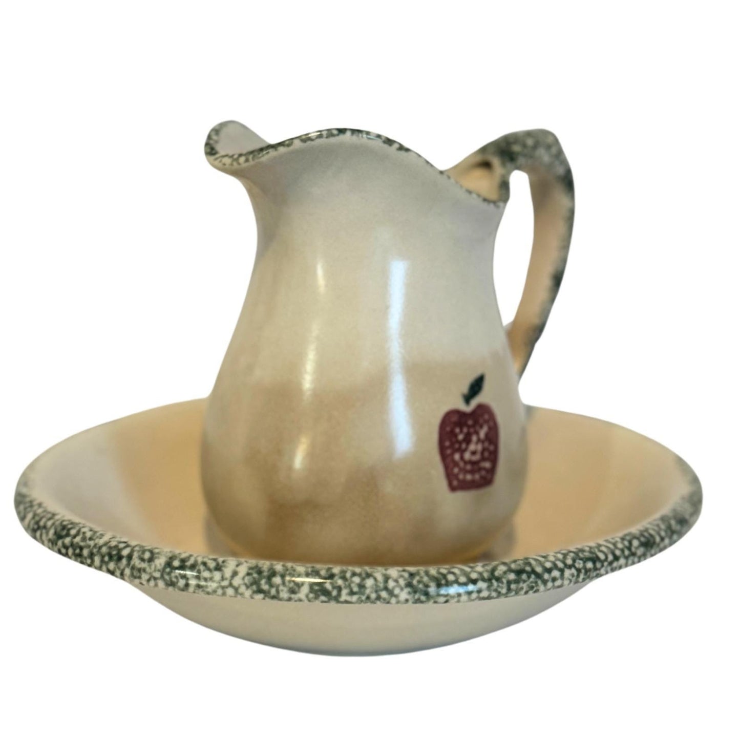 Vintage Ceramic Pitcher with Saucer Plate – Beige with Apple Design