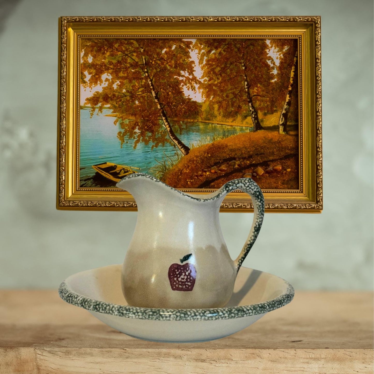 Vintage Ceramic Pitcher with Saucer Plate – Beige with Apple Design