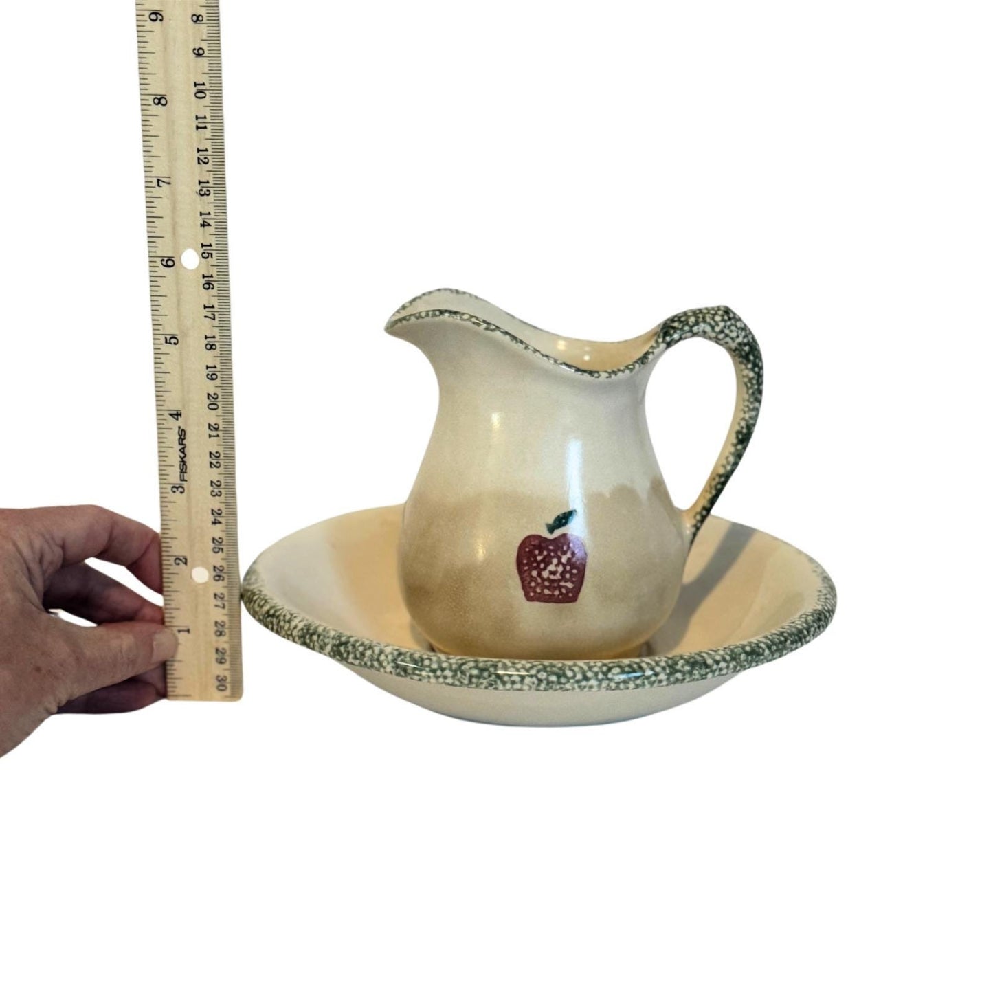 Vintage Ceramic Pitcher with Saucer Plate – Beige with Apple Design
