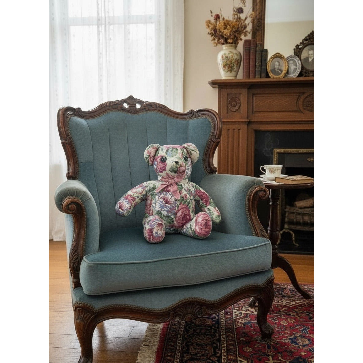 Floral Upholstered Teddy Bear With Pink Bow 15" Handmade Decorative Plush Keepsake