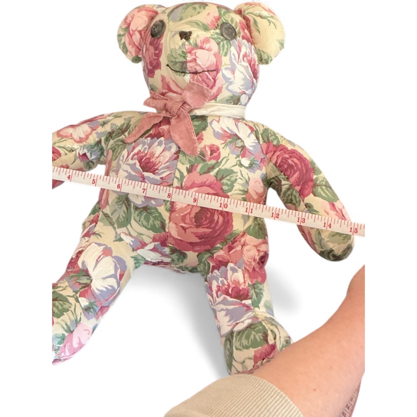 Floral Upholstered Teddy Bear With Pink Bow 15" Handmade Decorative Plush Keepsake