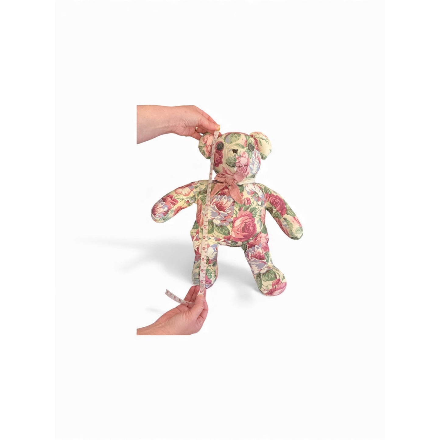 Floral Upholstered Teddy Bear With Pink Bow 15" Handmade Decorative Plush Keepsake