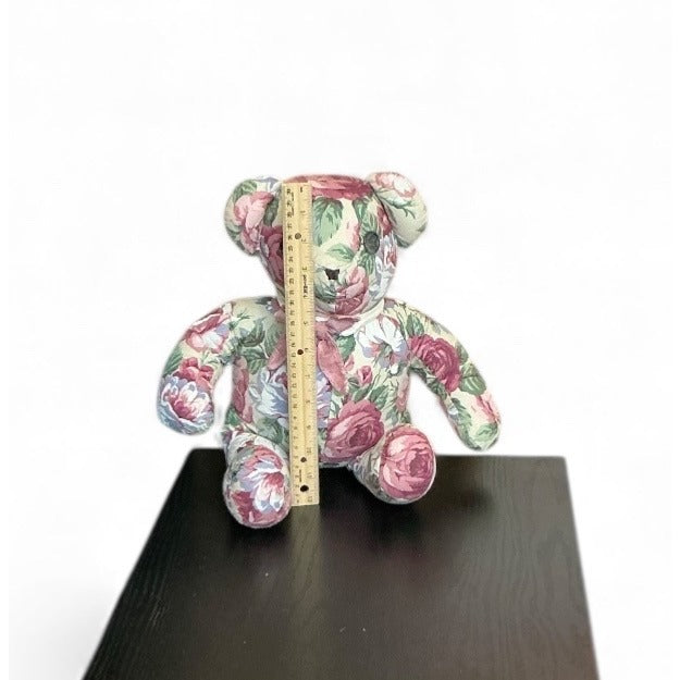 Floral Upholstered Teddy Bear With Pink Bow 15" Handmade Decorative Plush Keepsake