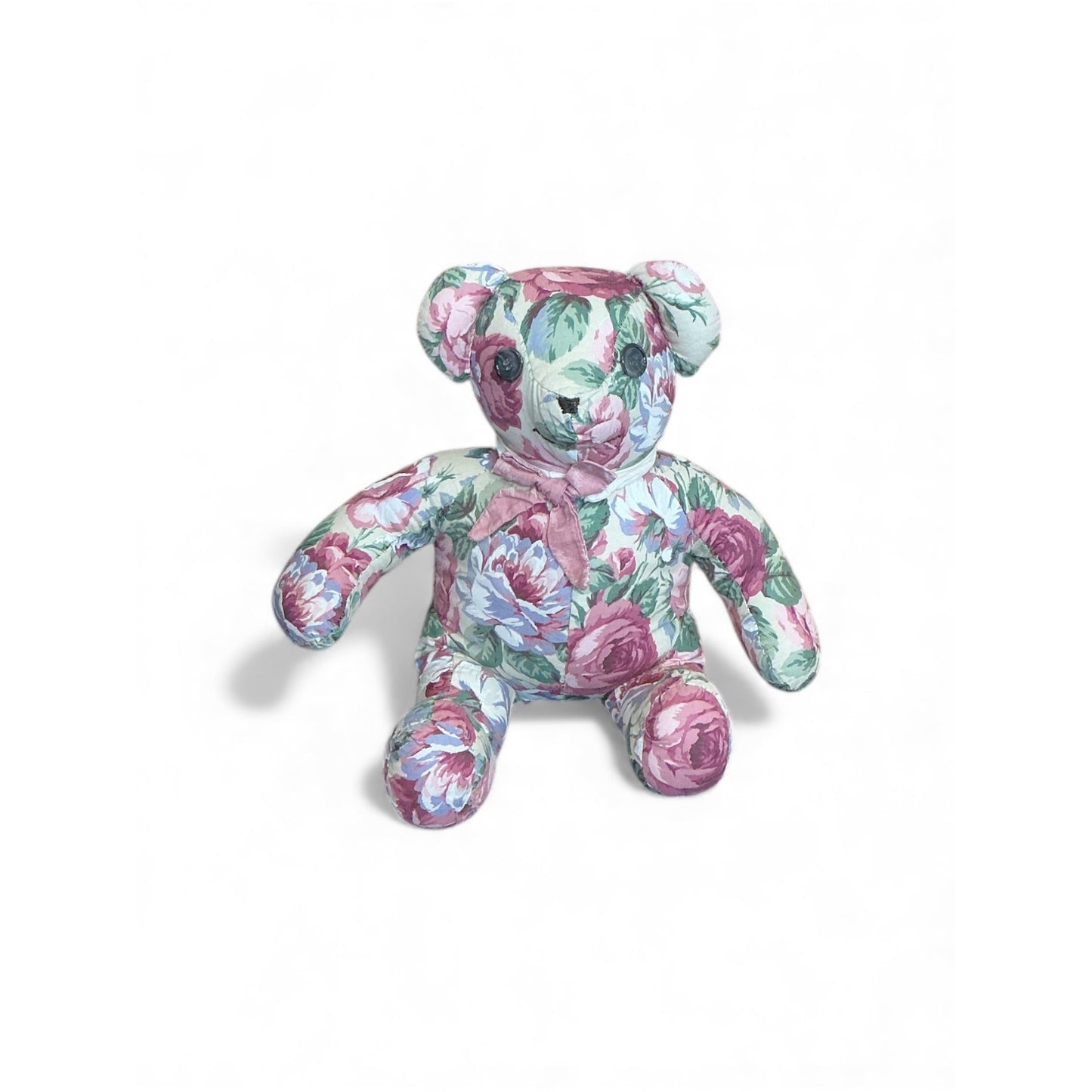 Floral Upholstered Teddy Bear With Pink Bow 15" Handmade Decorative Plush Keepsake