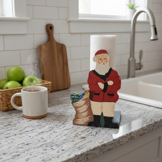 Vintage Wooden Santa Claus Paper Towel Holder Christmas Holiday Kitchen Decor