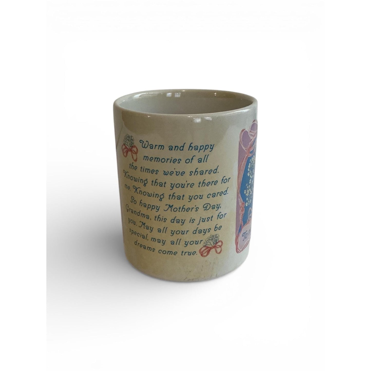 Avon Mothers Day Grandma Ceramic Coffee Mug 1980s Floral Design Pink & Blue 10 Oz