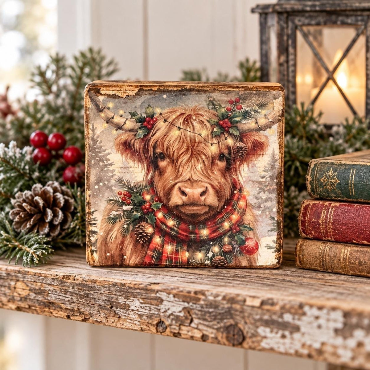 Christmas Highland Cow Rustic Wood Block Sign Holiday Farmhouse Decor 5.5x5.5