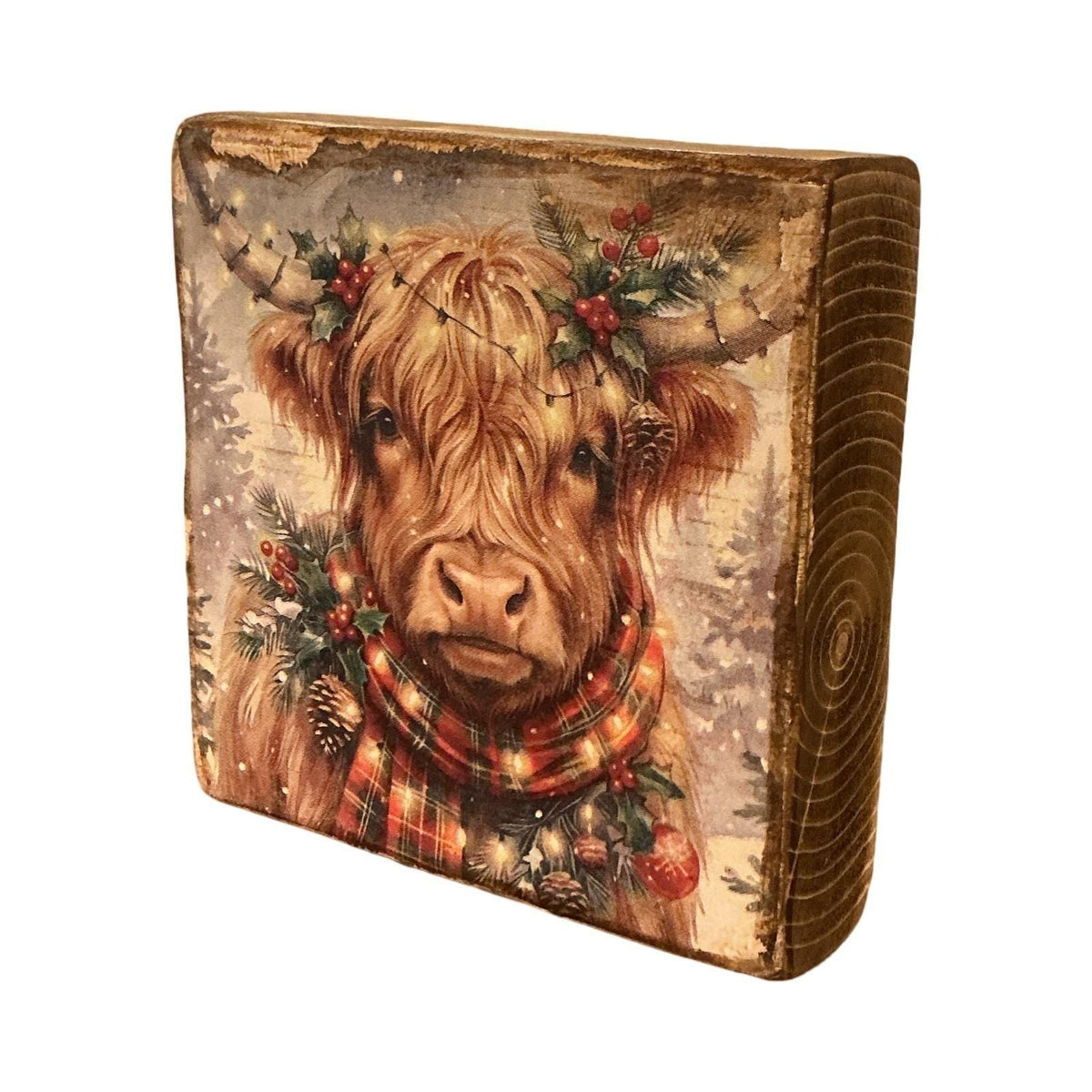 Christmas Highland Cow Rustic Wood Block Sign Holiday Farmhouse Decor 5.5x5.5