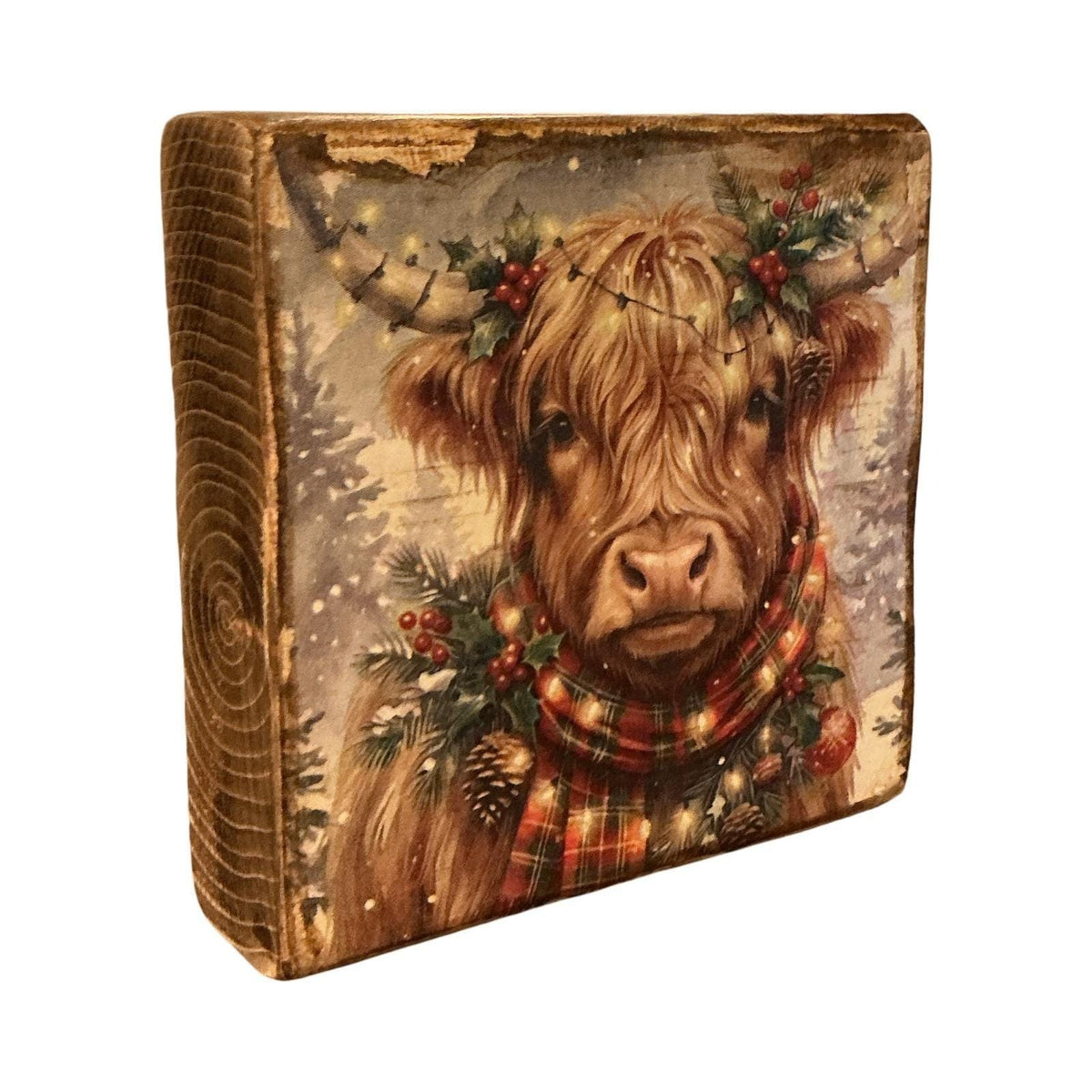 Christmas Highland Cow Rustic Wood Block Sign Holiday Farmhouse Decor 5.5x5.5