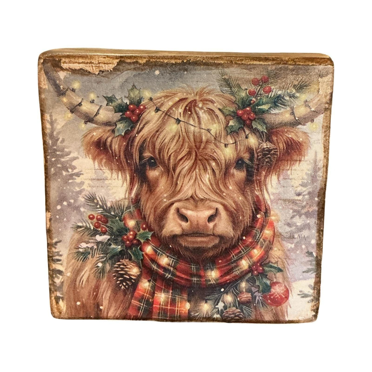 Christmas Highland Cow Rustic Wood Block Sign Holiday Farmhouse Decor 5.5x5.5