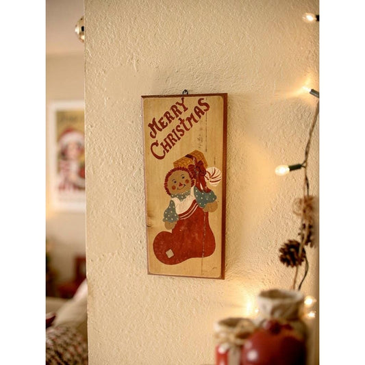Hand Painted Merry Christmas Wooden Sign, Rag Doll Holiday Decor