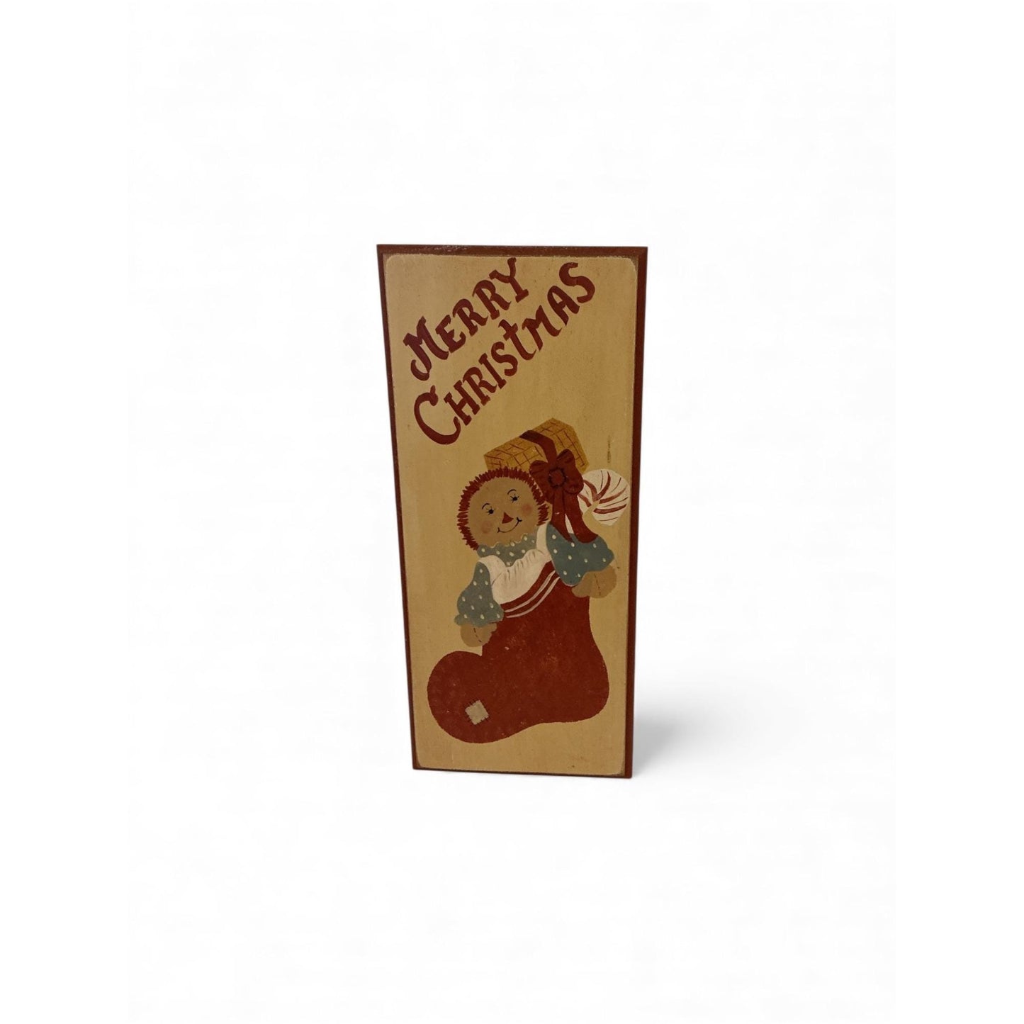 Hand Painted Merry Christmas Wooden Sign, Rag Doll Holiday Decor