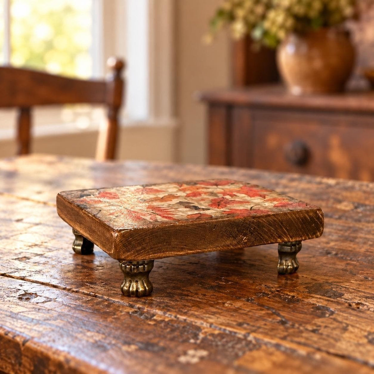 Handmade Fall Autumn Leaf Wooden Pedestal Riser with Metal Claw Feet Decor Stand