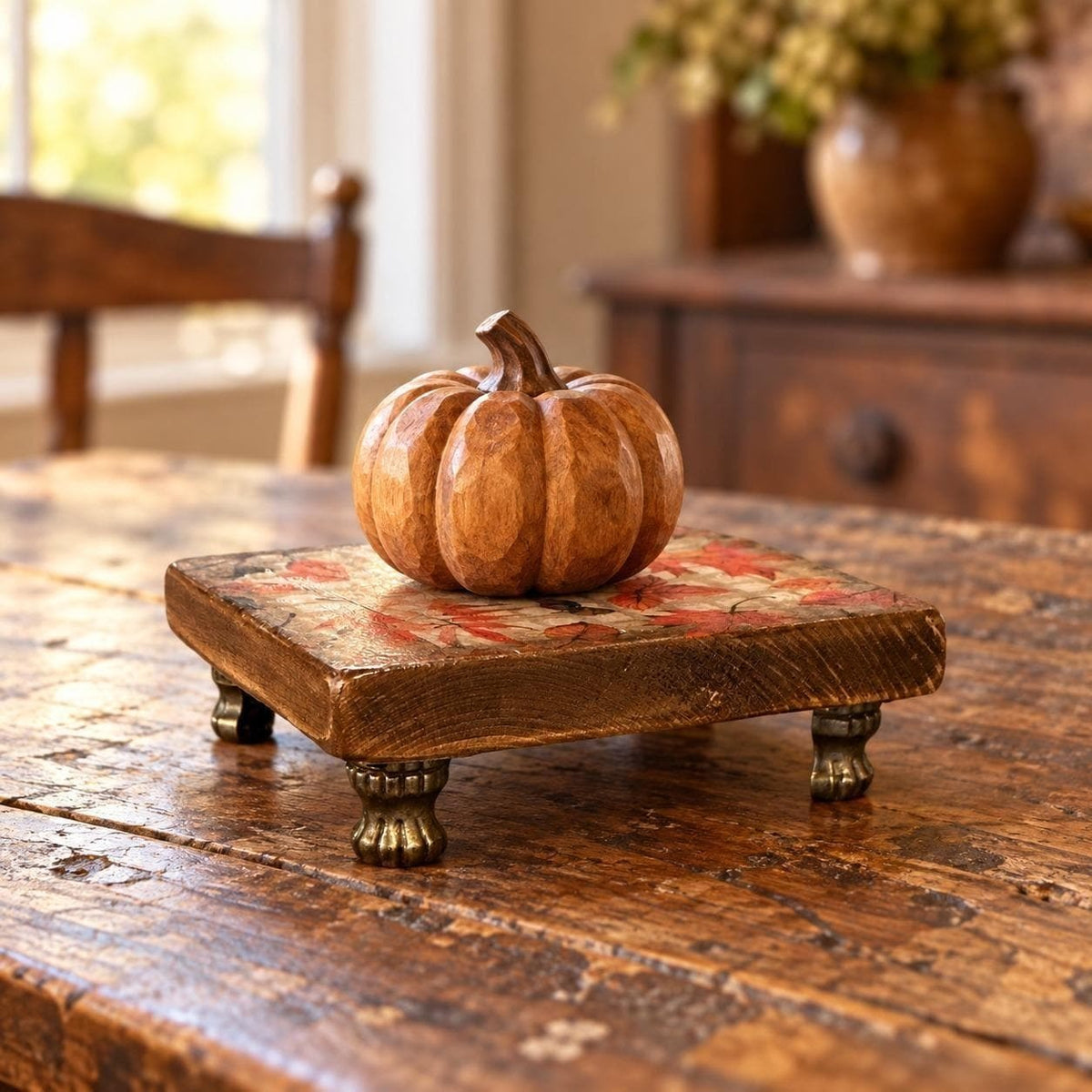 Handmade Fall Autumn Leaf Wooden Pedestal Riser with Metal Claw Feet Decor Stand