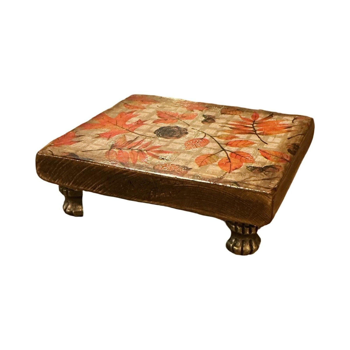 Handmade Fall Autumn Leaf Wooden Pedestal Riser with Metal Claw Feet Decor Stand