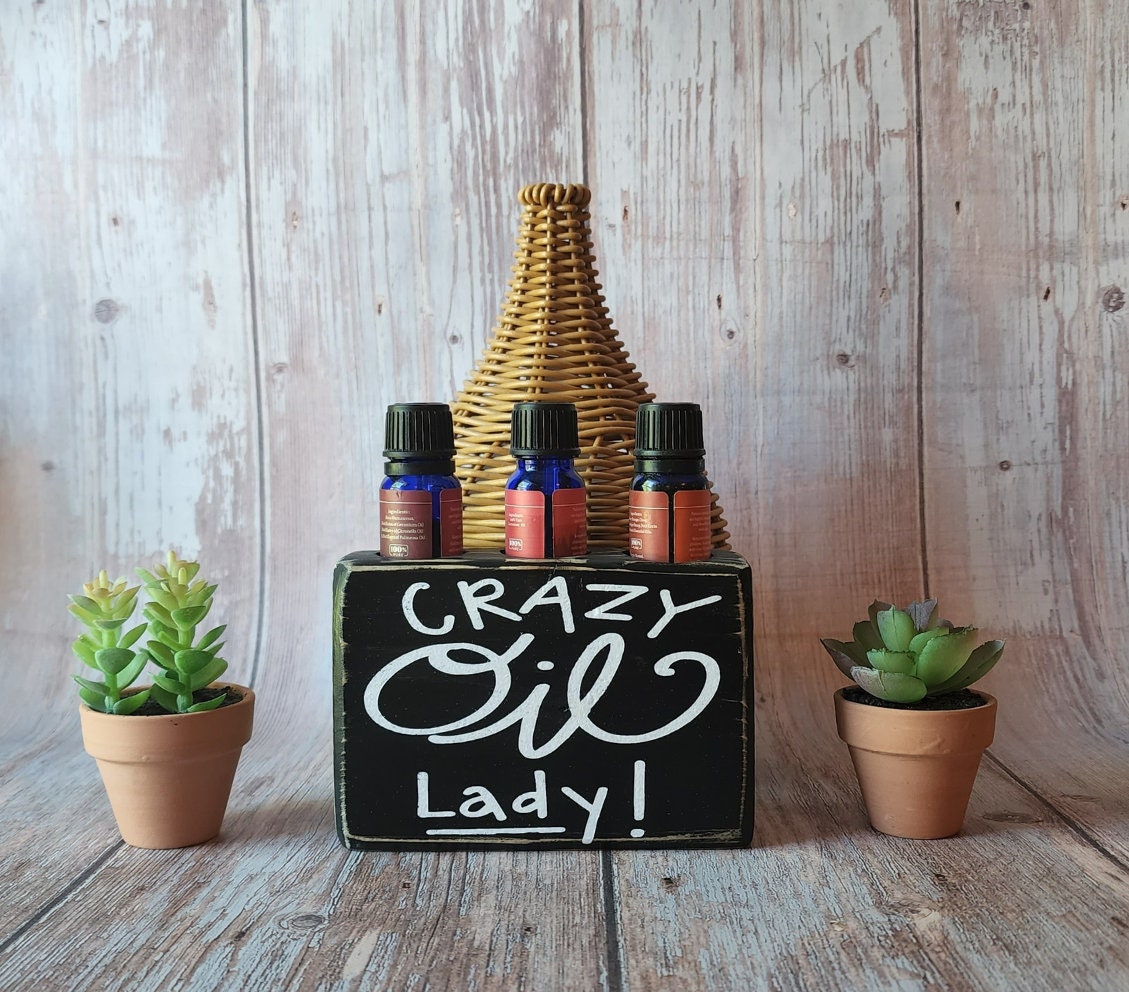 Essential Oil Holder With Words - Crazy Oil Lady - Funny Oil Holder - Apothecary Decor - Rustic Oil Holder - Wood Essential Oil Shelf