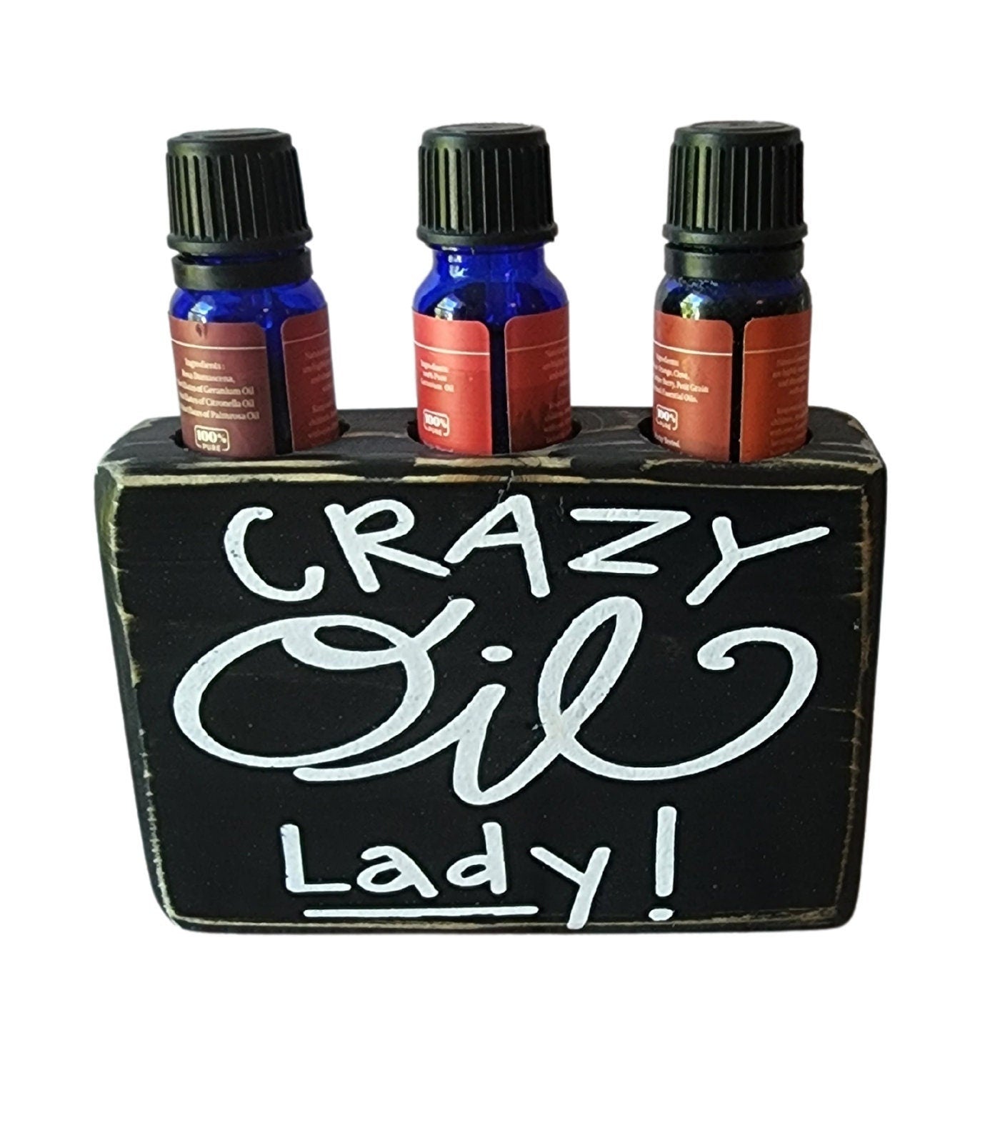 Essential Oil Holder With Words - Crazy Oil Lady - Funny Oil Holder - Apothecary Decor - Rustic Oil Holder - Wood Essential Oil Shelf
