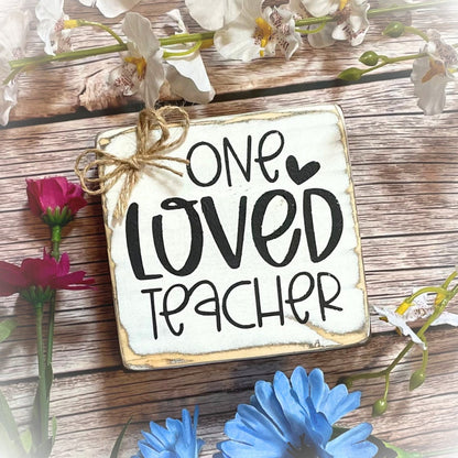Basket Case Designs One Loved Teacher Rustic Wood Block Sign Distressed White