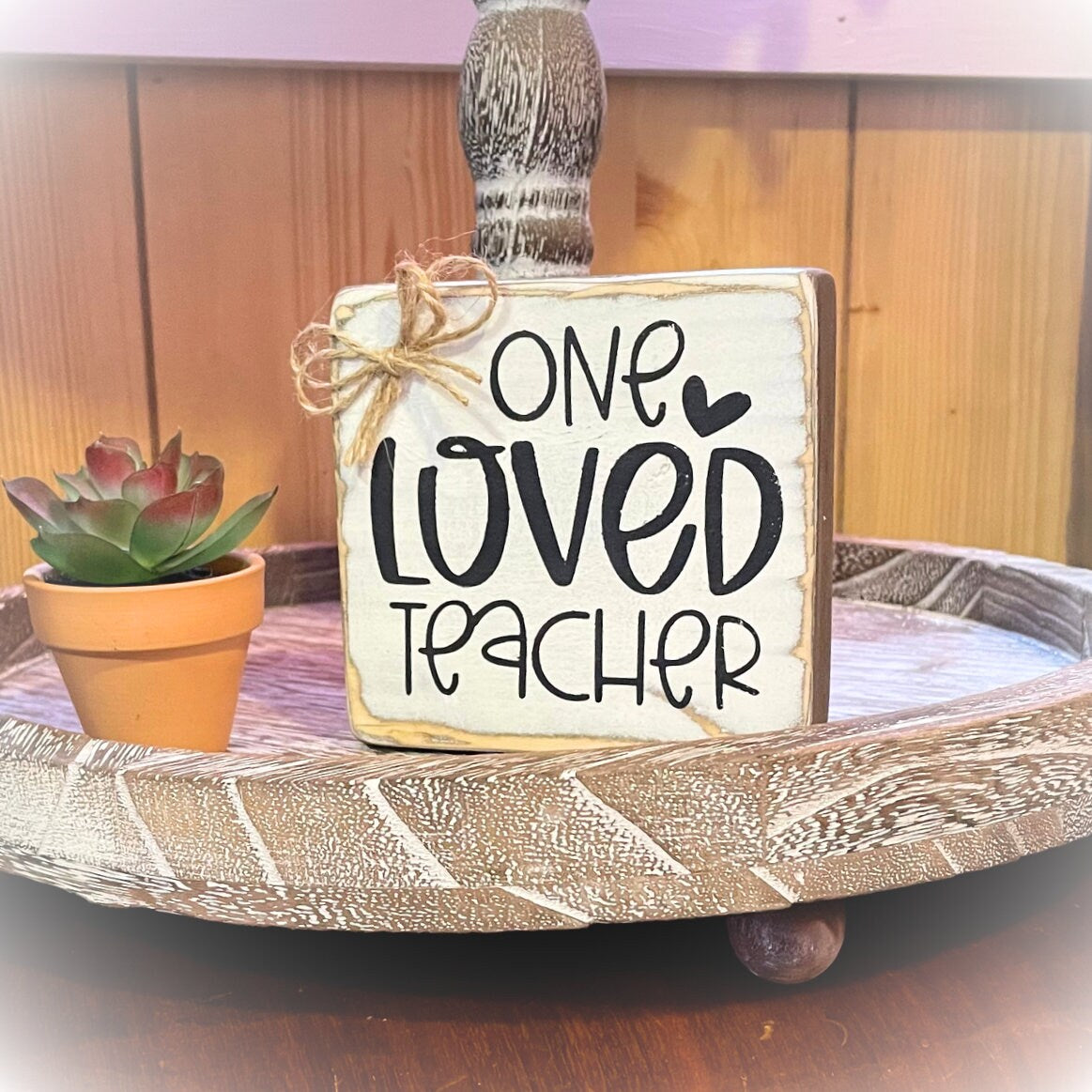 Basket Case Designs One Loved Teacher Rustic Wood Block Sign Distressed White