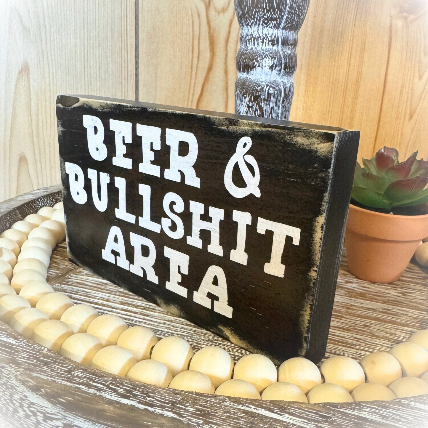 Funny Bar Decor - Wood Home Bar Sign - Shelf Sitter - Beer and Bullshit Area Sign - Funny Bar Sign - Man Cave Sign - Rustic Tiered Tray Sign
