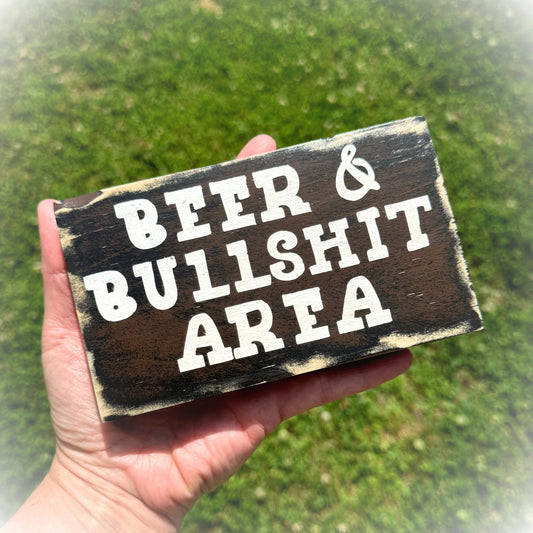 Funny Bar Decor - Wood Home Bar Sign - Shelf Sitter - Beer and Bullshit Area Sign - Funny Bar Sign - Man Cave Sign - Rustic Tiered Tray Sign