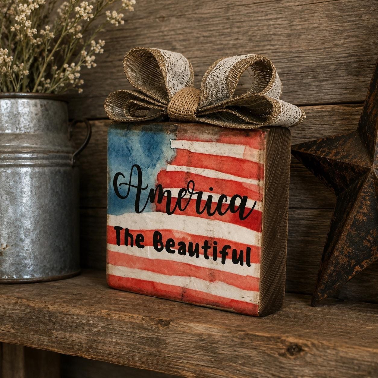 Basket Case Designs LLC America The Beautiful Wood Block Sign Rustic Flag Bow