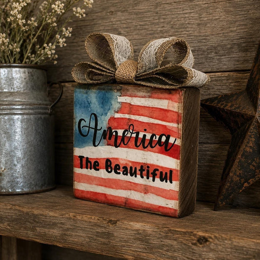 America The Beautiful Rustic Wood Block Sign Patriotic Flag Decor Burlap Bow
