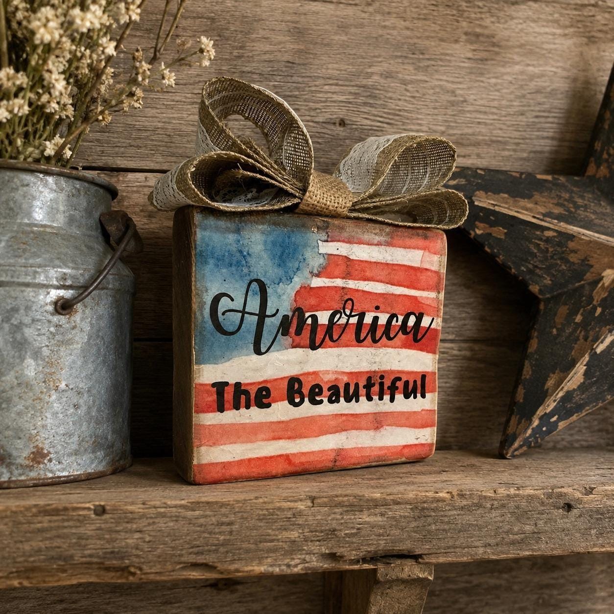 America The Beautiful Rustic Wood Block Sign Patriotic Flag Decor Burlap Bow