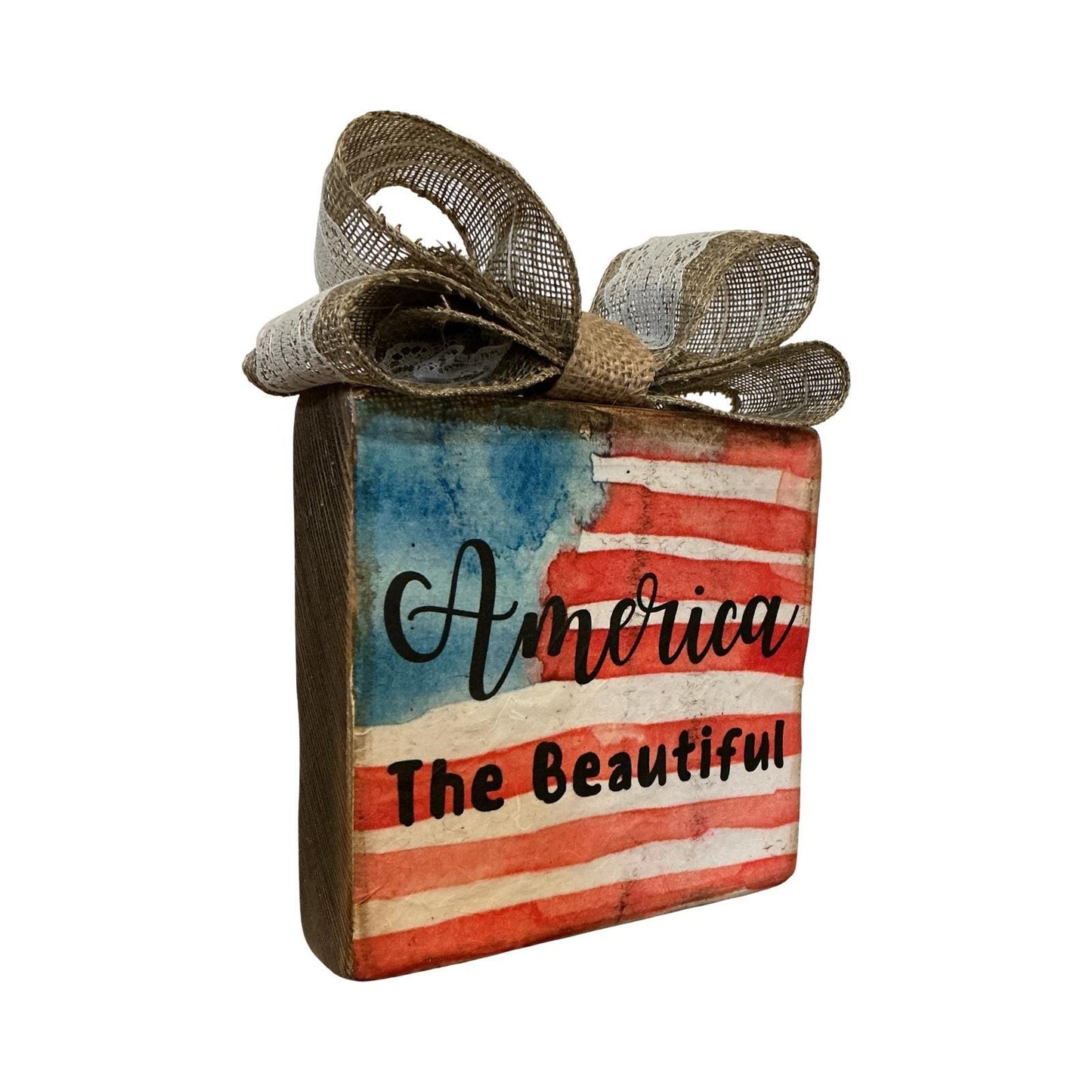 Basket Case Designs LLC America The Beautiful Wood Block Sign Rustic Flag Bow
