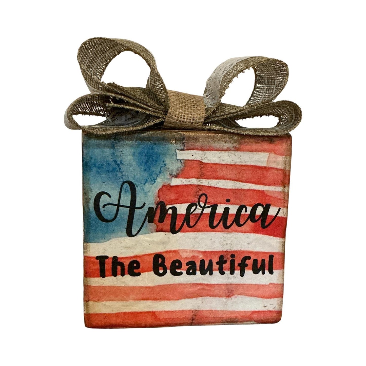 Basket Case Designs LLC America The Beautiful Wood Block Sign Rustic Flag Bow