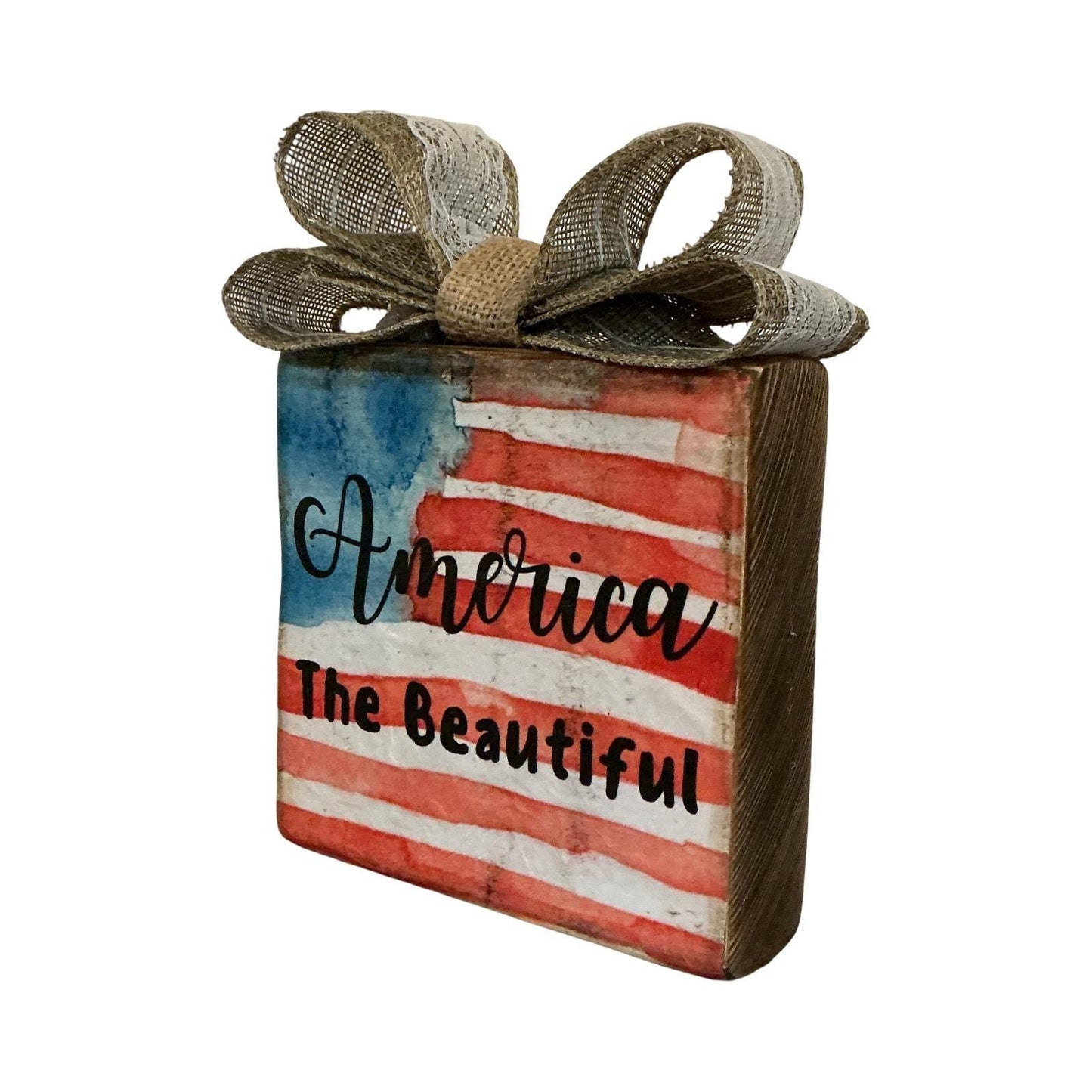 America The Beautiful Rustic Wood Block Sign Patriotic Flag Decor Burlap Bow