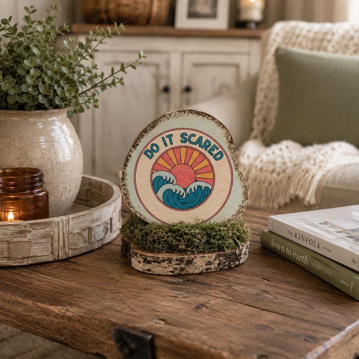 Do It Scared Rustic Wood Slice Shelf Sitter Moss Base Coastal Decor 5x4x5