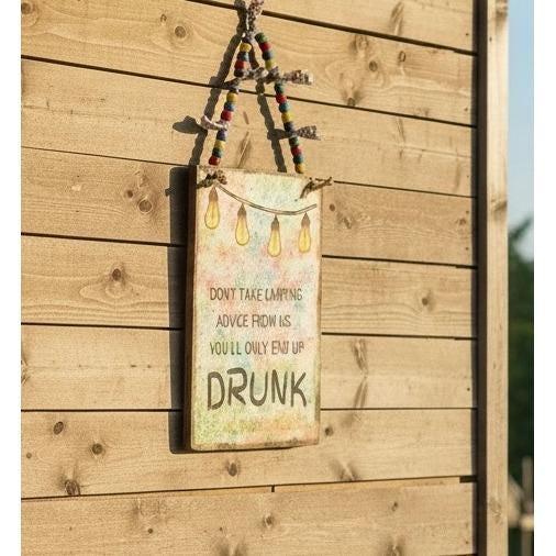 Funny Camping Advice Wood Sign Rustic Wall Decor Beaded Hanger 11.5x9 Drunk Sign