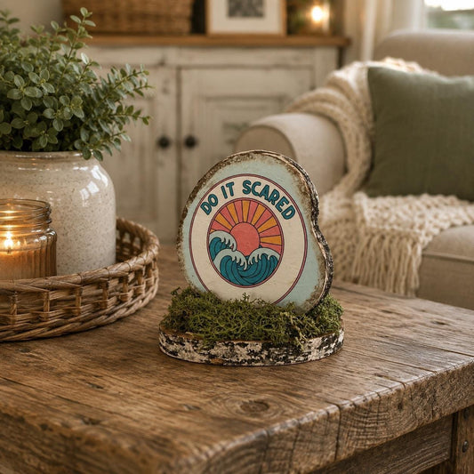 Do It Scared Rustic Wood Slice Shelf Sitter Moss Base Coastal Decor 5x4x5
