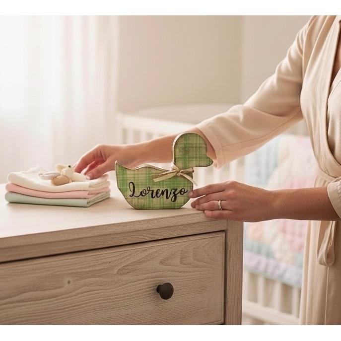 Personalized Wooden Duck Baby Shower Decor Green Plaid  Shelf Sitter 5.5"