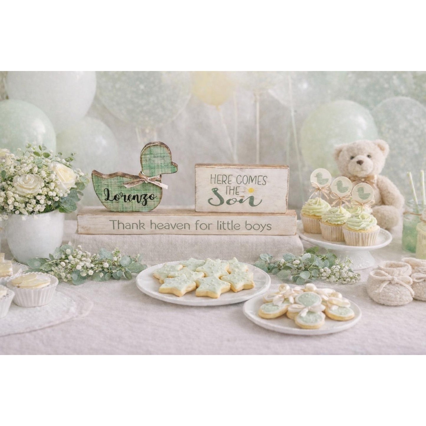 Personalized Wooden Duck Baby Shower Decor Green Plaid  Shelf Sitter 5.5"