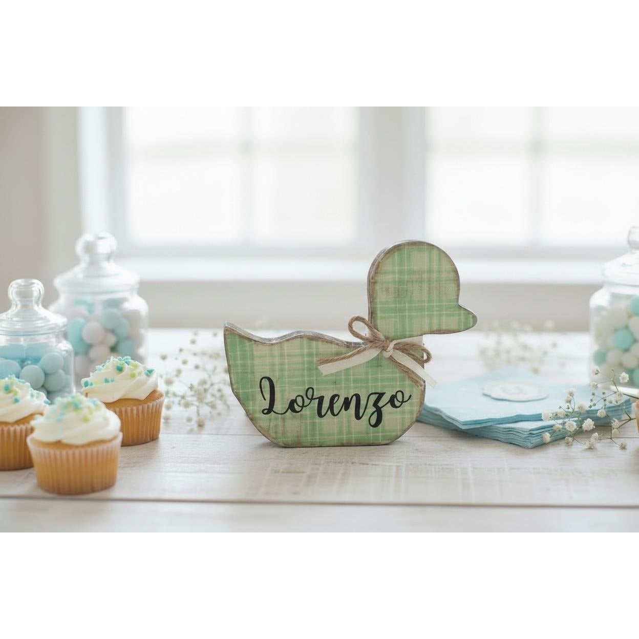 Personalized Wooden Duck Baby Shower Decor Green Plaid  Shelf Sitter 5.5"
