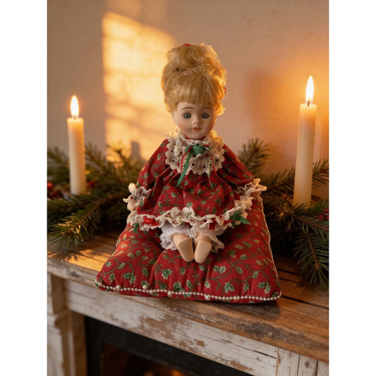 Vintage Christmas Porcelain Sitting Doll on Holly Pillow Red Lace Holiday Decor