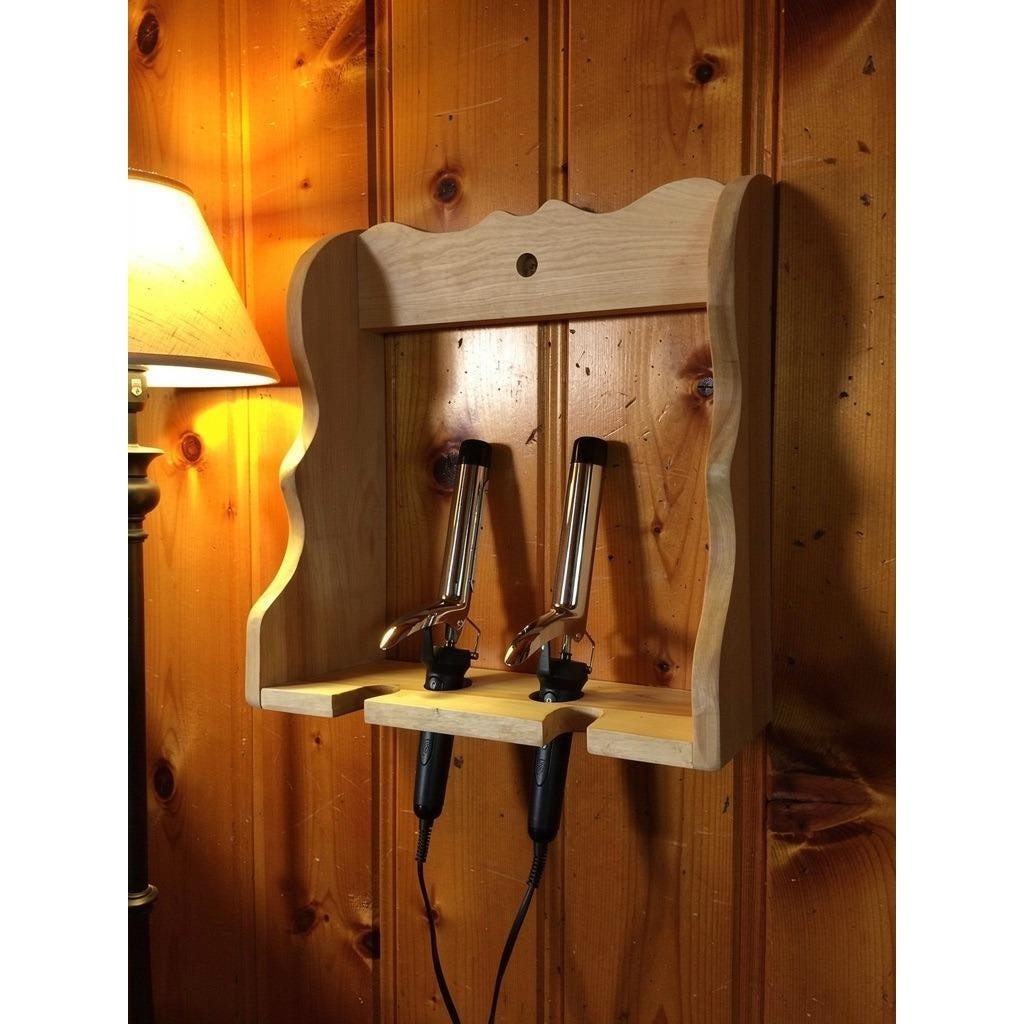 Vintage Wooden Hair Tool Organizer | Wall-Mount Blow Dryer & Curling Iron Holder | Rustic Bathroom Storage