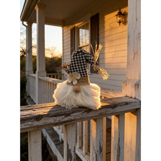 Handmade Farmhouse Gnome Buffalo Plaid Black White Burlap Floral Decor