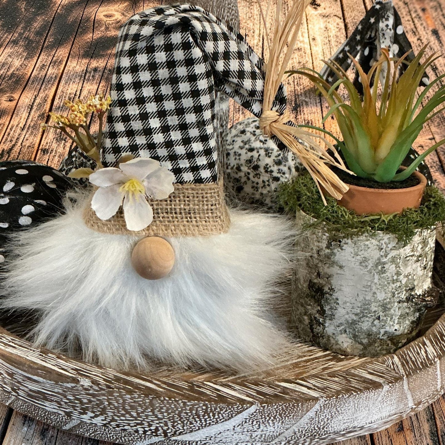 Handmade Farmhouse Gnome Buffalo Plaid Black White Burlap Floral Decor