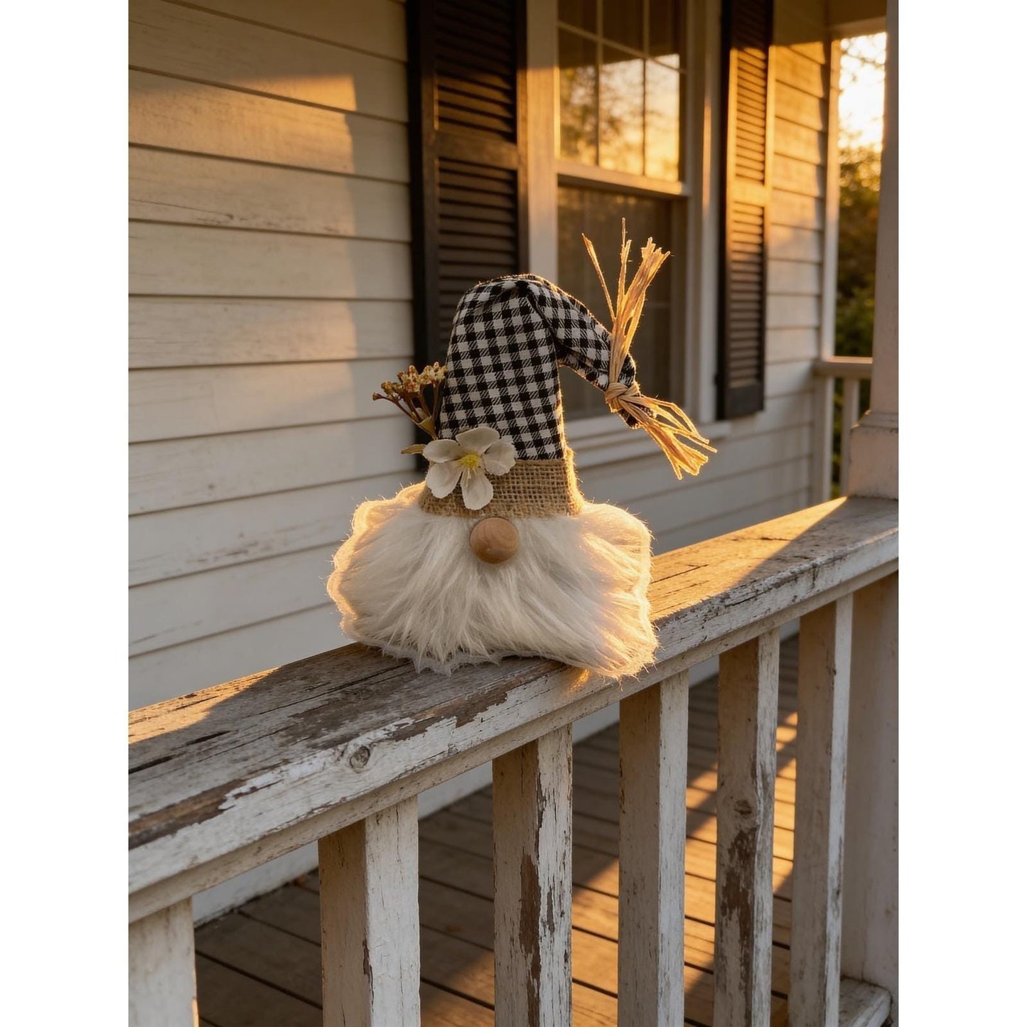 Handmade Farmhouse Gnome Buffalo Plaid Black White Burlap Floral Decor