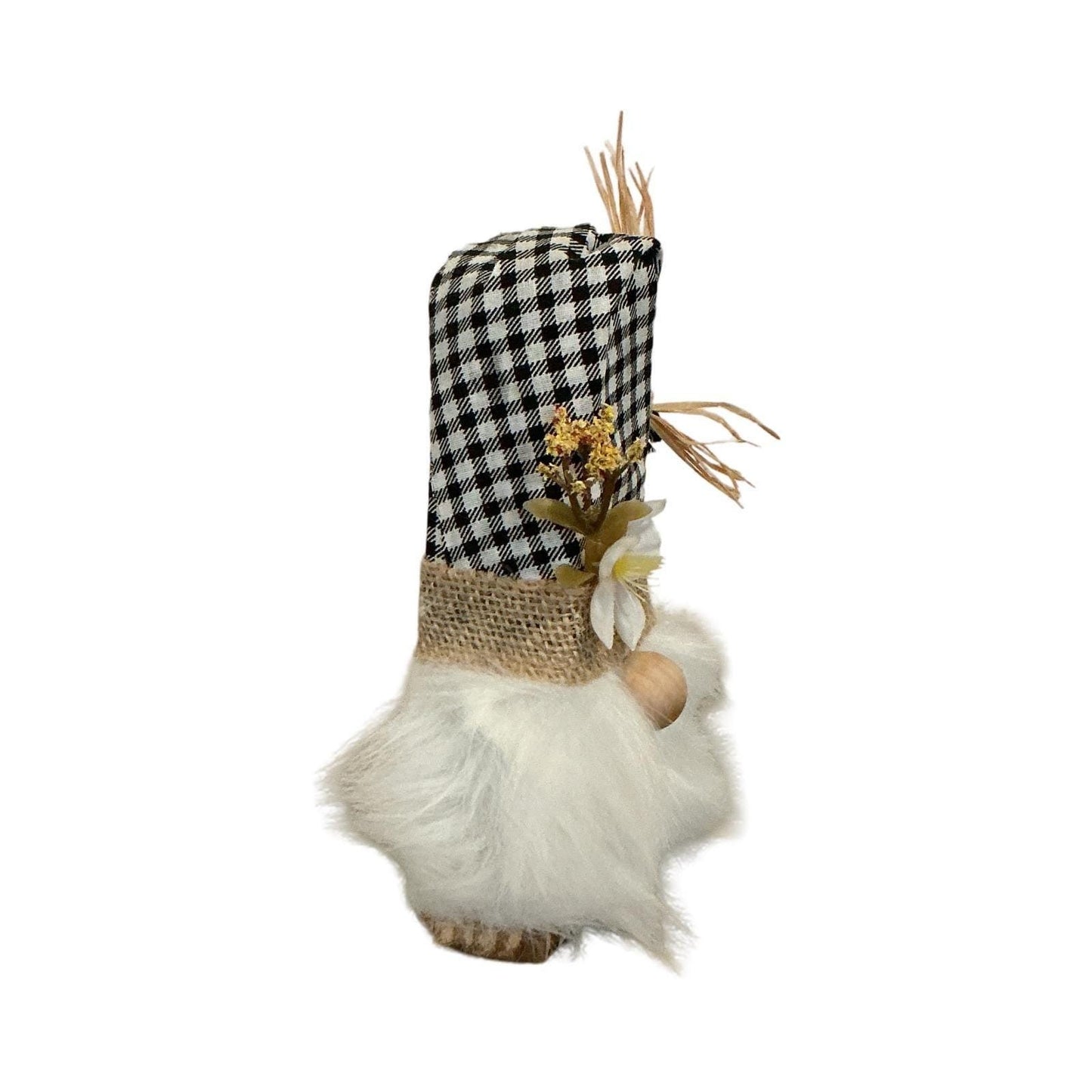 Handmade Farmhouse Gnome Buffalo Plaid Black White Burlap Floral Decor