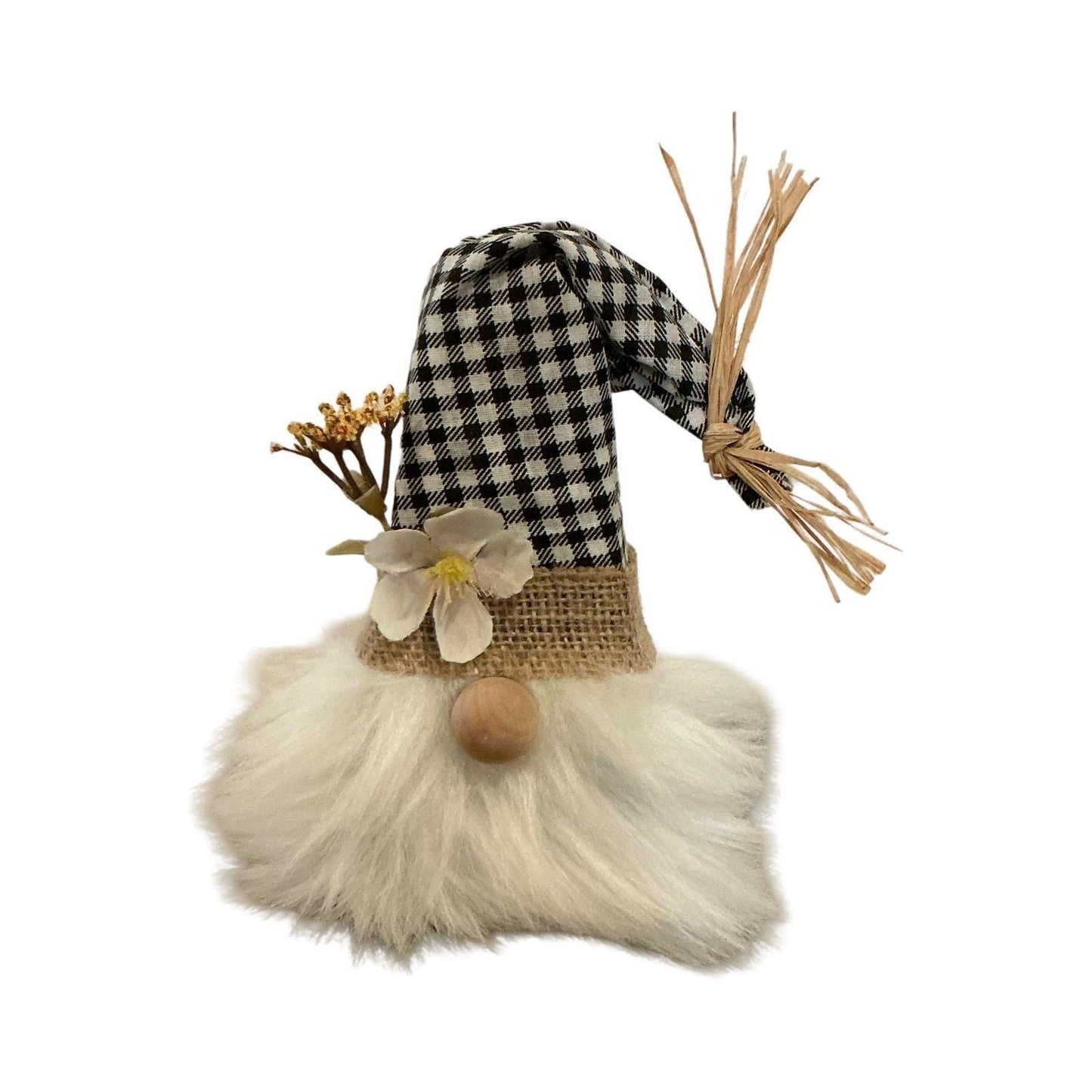Handmade Farmhouse Gnome Buffalo Plaid Black White Burlap Floral Decor