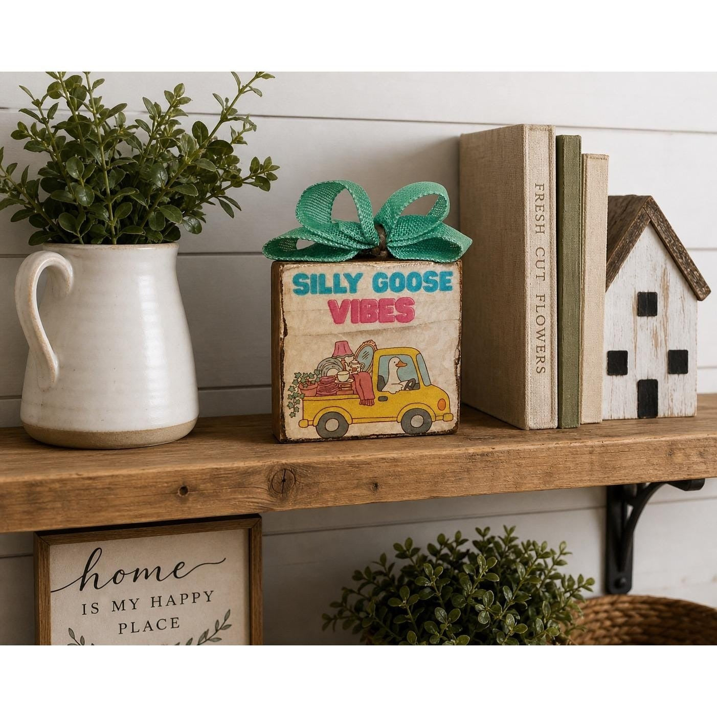 Silly Goose Vibes Rustic Wood Block Sign Distressed Farmhouse Decor Teal Bow