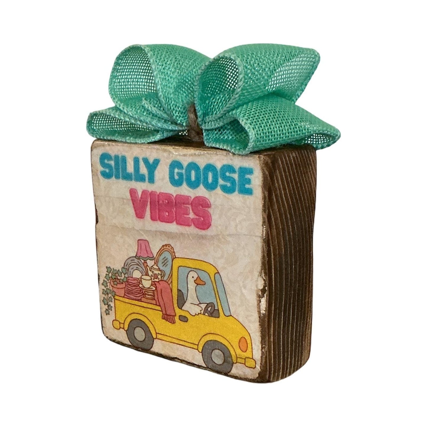 Silly Goose Vibes Rustic Wood Block Sign Distressed Farmhouse Decor Teal Bow