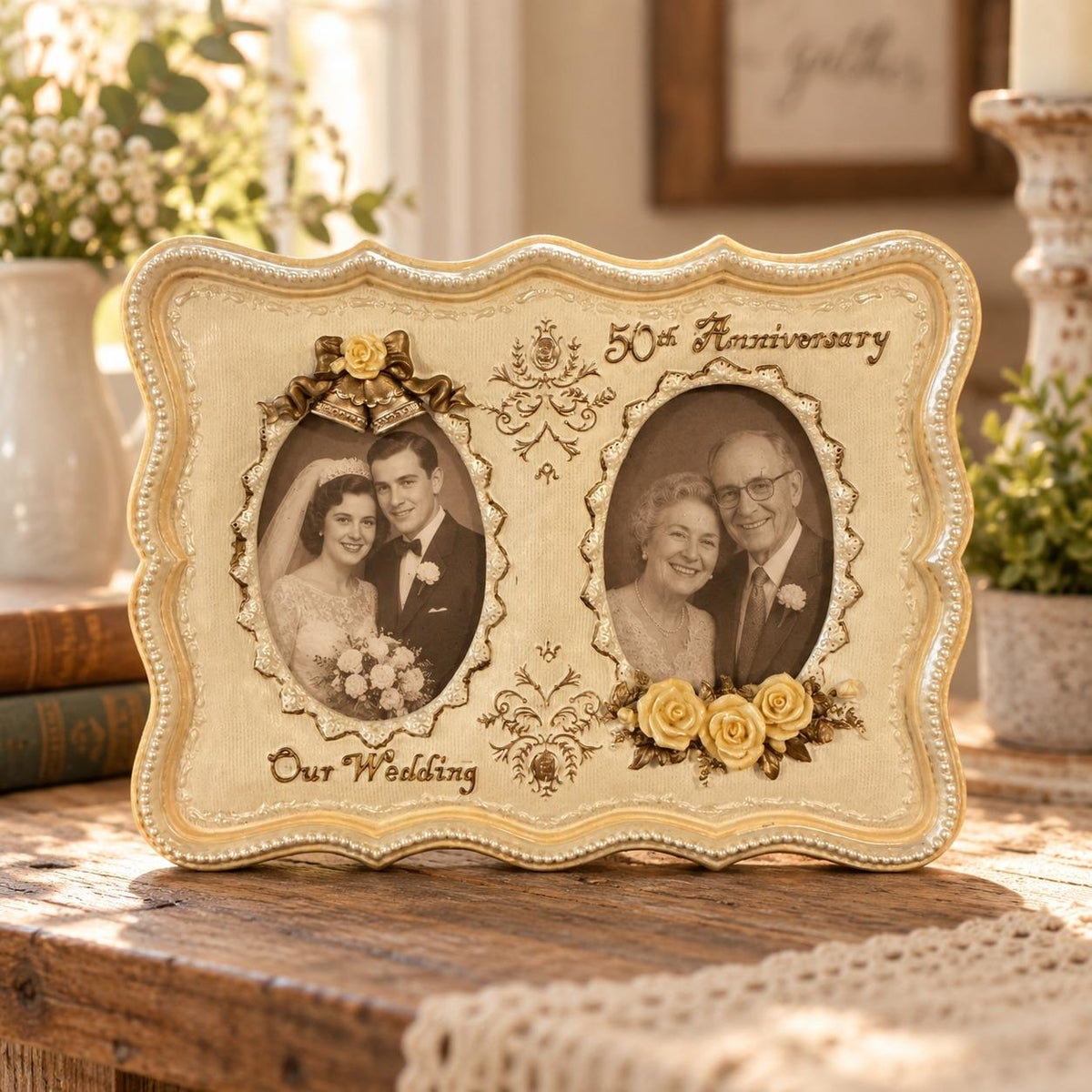 Vintage 50th Anniversary Our Wedding Double Picture Frame Cream Gold 10.5x8