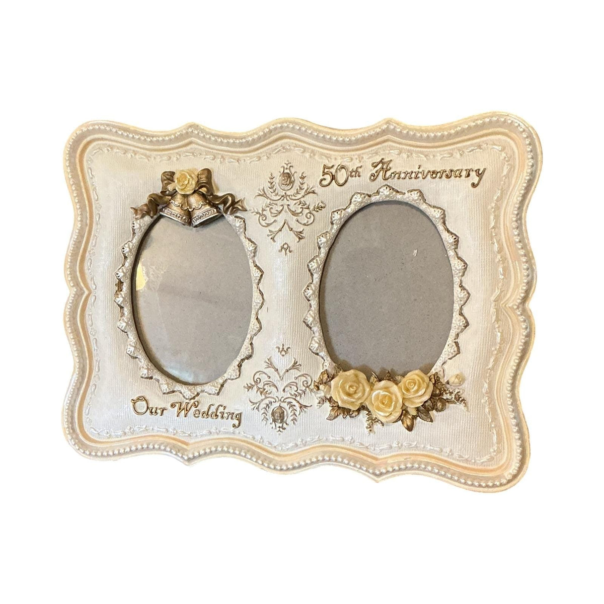 Vintage 50th Anniversary Our Wedding Double Picture Frame Cream Gold 10.5x8