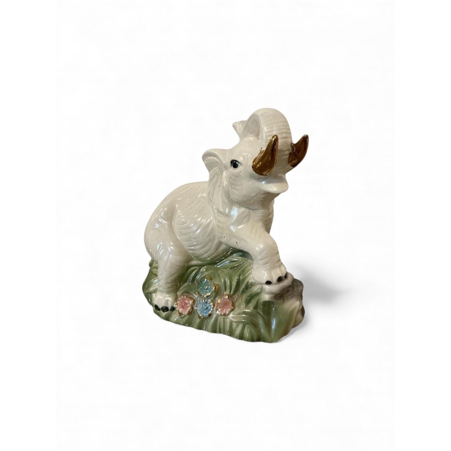 Vintage Ceramic Elephant Figurine With Gold-Tone Tusks On Grass & Flowers 11" x 9.5"